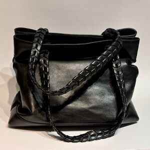 Varriale Black Genuine Leather Braided Double Handle Tote Bag Made in Italy